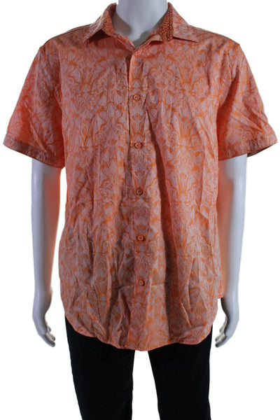 Robert Graham Mens Cotton Baroque Print Buttoned Short Sleeve Top Orange Size XL