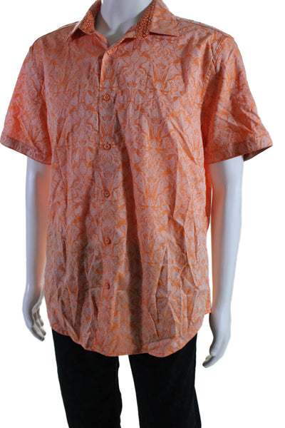 Robert Graham Mens Cotton Baroque Print Buttoned Short Sleeve Top Orange Size XL