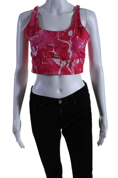 Fila Womens Marble Print Strappy Back Pull On Sports Bra Pink White Size Large