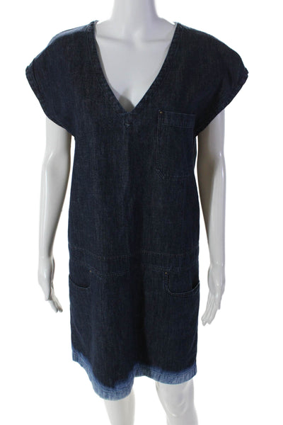 Tomas Maier Womesn Cotton Sleeveless V Neck Denim Shift Dress Blue Size 2