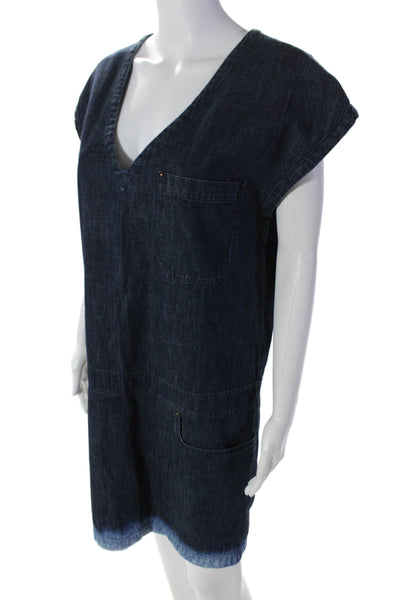 Tomas Maier Womesn Cotton Sleeveless V Neck Denim Shift Dress Blue Size 2