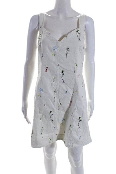 Parker Womens Cotton Denim Floral V-Neck Sleeveless Mini Dress White Size 10