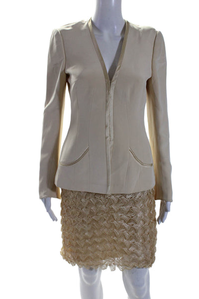 Fezandi Womens 2 Piece Hook Eye Blazer Textured Skirt Suit Gold Size 6