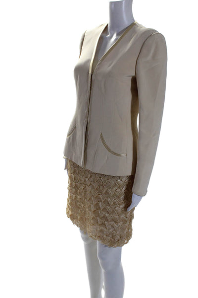 Fezandi Womens 2 Piece Hook Eye Blazer Textured Skirt Suit Gold Size 6