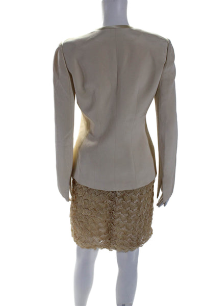 Fezandi Womens 2 Piece Hook Eye Blazer Textured Skirt Suit Gold Size 6