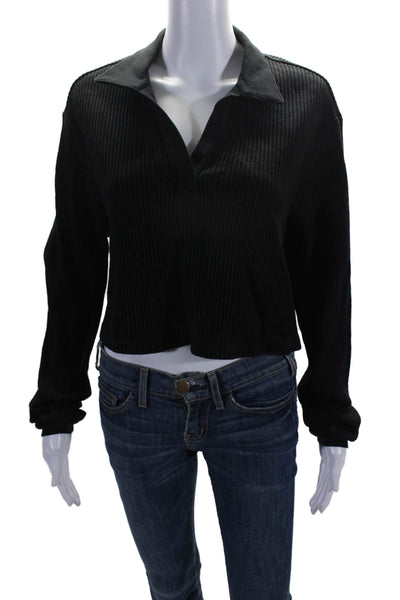 The Range Women's Collared Long Sleeves Ribbed Cropped Top Black Size S