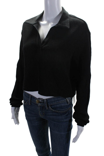 The Range Women's Collared Long Sleeves Ribbed Cropped Top Black Size S