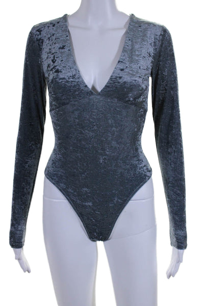 TNA Womens Stretch Crushed Velvet V-Neck Long Sleeve Bodysuit Top Blue Size S