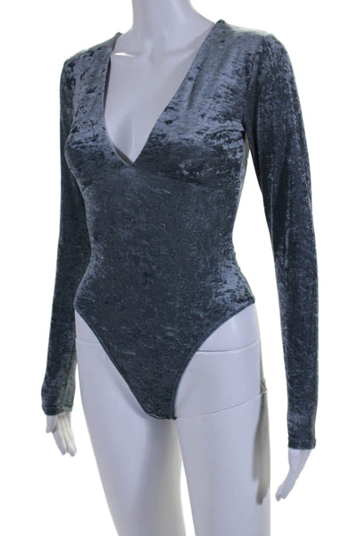 TNA Womens Stretch Crushed Velvet V-Neck Long Sleeve Bodysuit Top Blue Size S