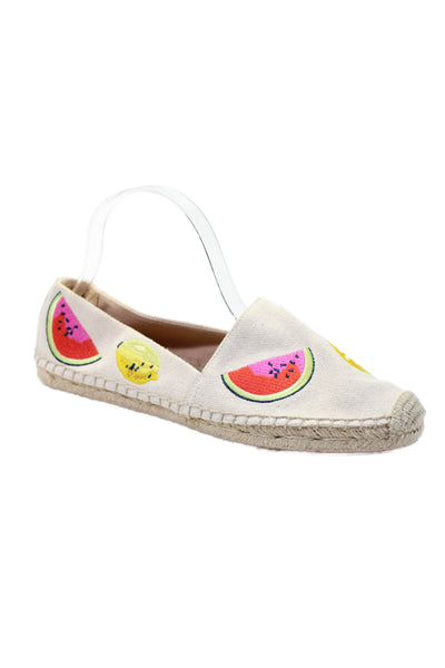 J Crew Womens Fruit Print Embroidered Round Toe Espadrille Flats Beige Size 8.5