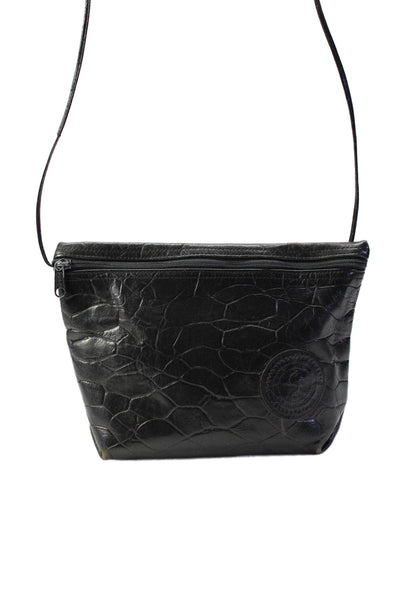 Carlos Falchi Womens Single Strap Croc Embossed Small Crossbody Handbag Black