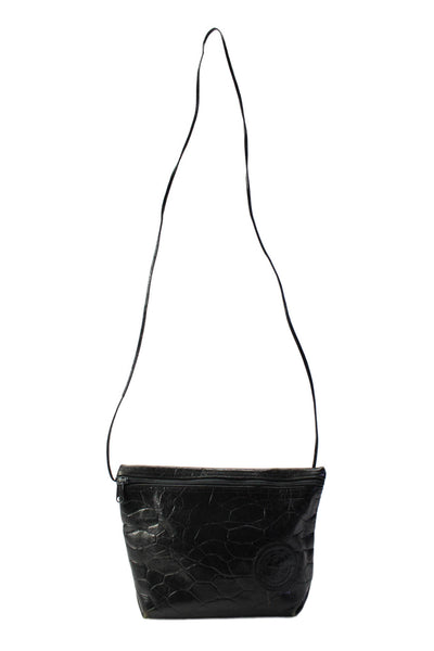 Carlos Falchi Womens Single Strap Croc Embossed Small Crossbody Handbag Black