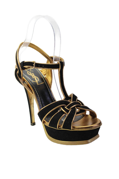 Yves Saint Laurent Womens Black Gold Trim Platform Strappy Sandals Shoes Size6.5