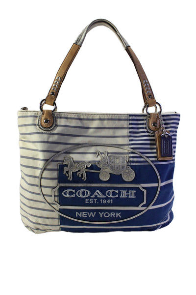 Coach Womens White Blue Canvas Striped Applique Shoulder Tote Bag Handbag