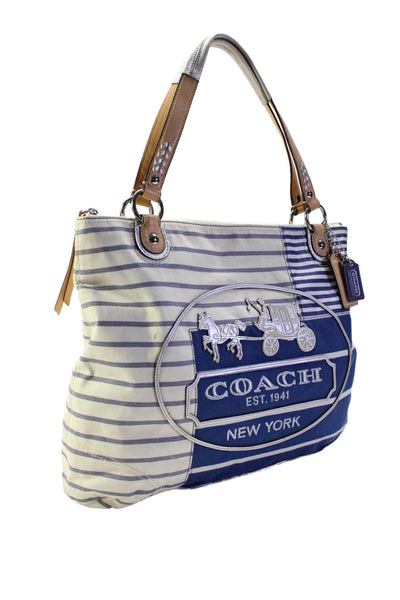 Coach Womens White Blue Canvas Striped Applique Shoulder Tote Bag Handbag