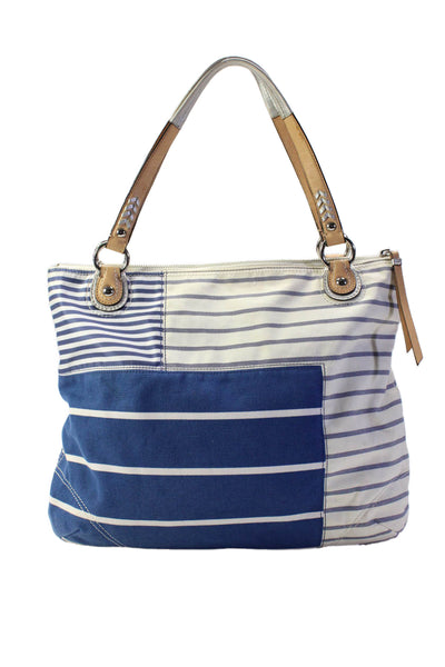 Coach Womens White Blue Canvas Striped Applique Shoulder Tote Bag Handbag