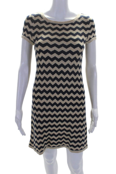 Lily Pulitzer Short Sleeved Scoop Neck Aztec Strip midi Knit Sweater Dress Beige