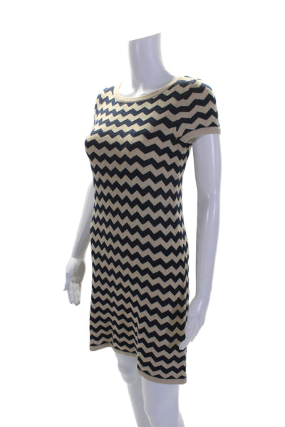 Lily Pulitzer Short Sleeved Scoop Neck Aztec Strip midi Knit Sweater Dress Beige