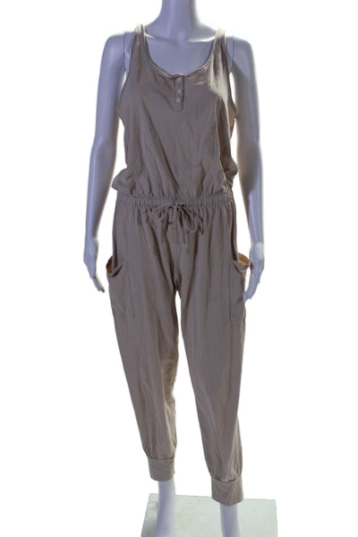 Eberjey Womens Cotton Scoop Neck Drawstring Waist Sleeveless Jumpsuit Tan Size M