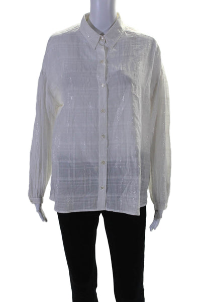 Vitamin A Womens Striped Long Sleeves Button Down Shirt White Silver Size Medium