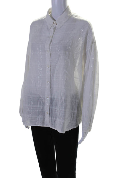 Vitamin A Womens Striped Long Sleeves Button Down Shirt White Silver Size Medium