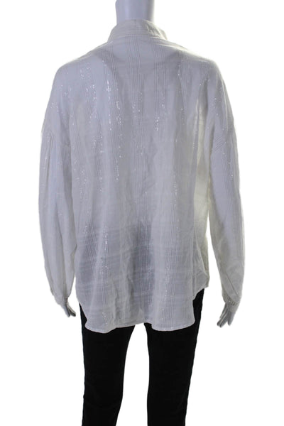 Vitamin A Womens Striped Long Sleeves Button Down Shirt White Silver Size Medium