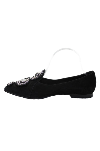 Hermes Womens Slip On Pointed Toe Studded Ballet Flats Black Suede Size 38