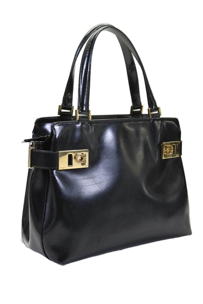 Salvatore Ferragamo Womens Double Handle Gancini Tote Handbag Black Leather