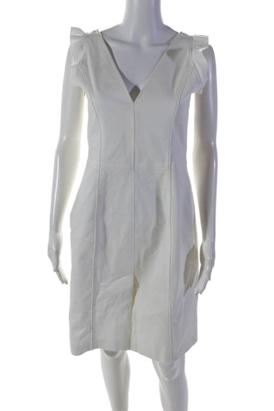 Designer Womens Side Zip V Neck Sleeveless Mid Calf Dress White Size 8