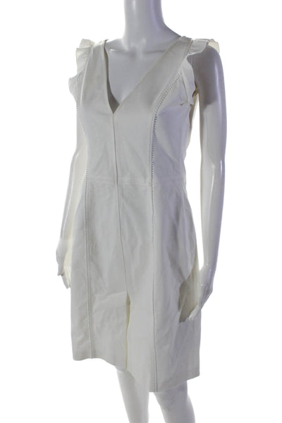 Designer Womens Side Zip V Neck Sleeveless Mid Calf Dress White Size 8