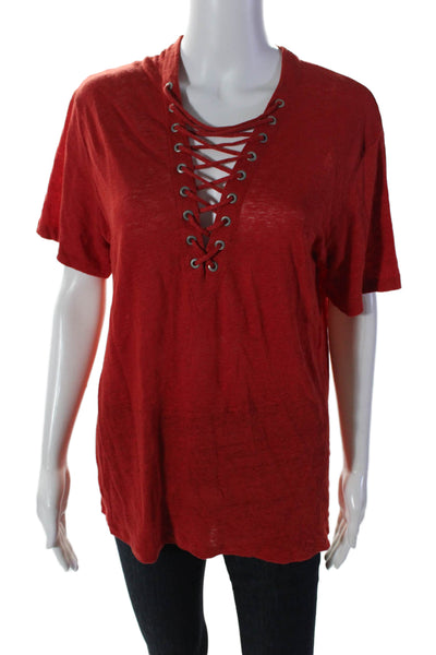 IRO Womens Short Sleeve V Neck Lace Up Basic Knit Top Red Size Small