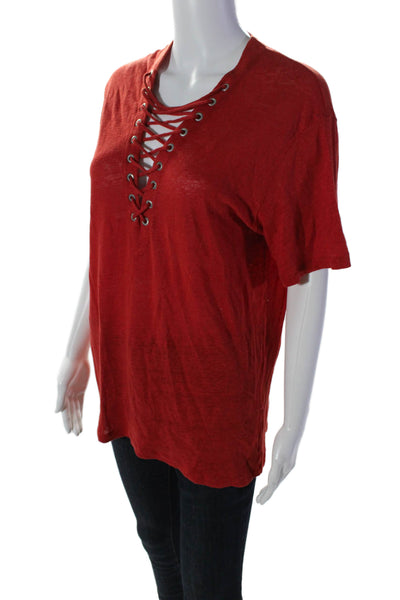 IRO Womens Short Sleeve V Neck Lace Up Basic Knit Top Red Size Small