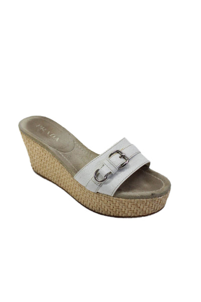 Prada Womens Leather Buckle Platform Slide On Wedge Sandals White Size 35 5