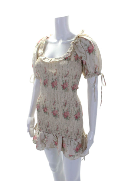 Love Shack Fancy Womens Silk Floral Ruched Short Sleeve Dress Beige Size P