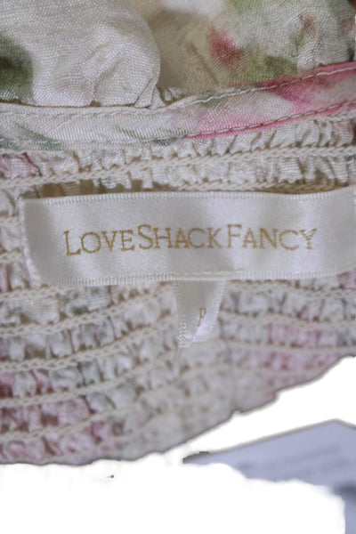 Love Shack Fancy Womens Silk Floral Ruched Short Sleeve Dress Beige Size P