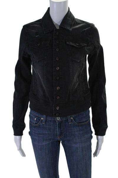 Blank NYC Womens Cotton Buttoned Light Distress Denim Jacket Black Size XS