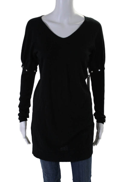 White + Warren Womens Cotton Round Neck Buttoned Puff Sleeve Top Black Size S