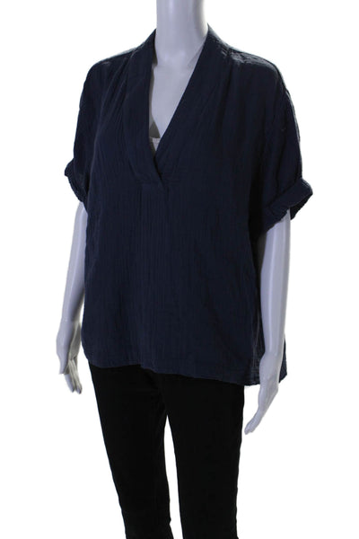 Xirena Womens Short Sleeves V Neck Pullover Blouse Top Navy Blue Cotton Size Sma