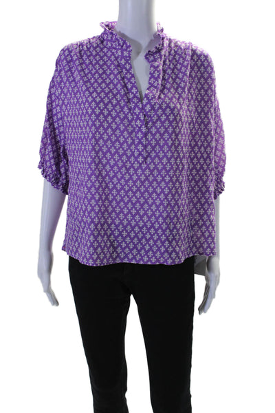 Xirena Womens Abstract Print Short Sleeves Blouse Purple White Cotton Size Large