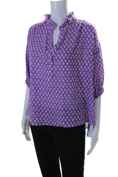 Xirena Womens Abstract Print Short Sleeves Blouse Purple White Cotton Size Large