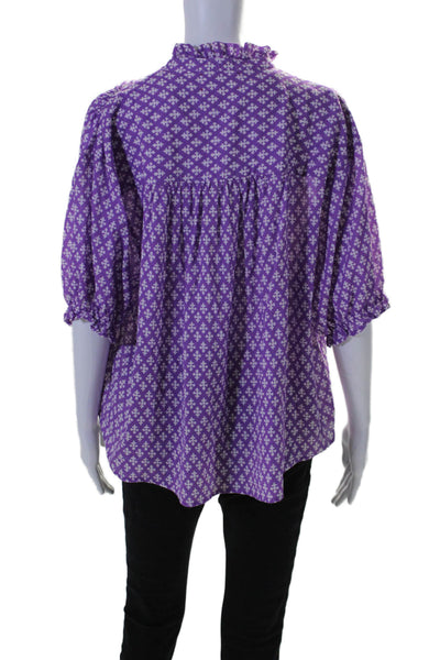 Xirena Womens Abstract Print Short Sleeves Blouse Purple White Cotton Size Large