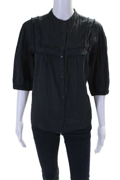 Ba&Sh Womens Button Front Half Sleeve Crew Neck Shirt Navy Blue Cotton Size 6