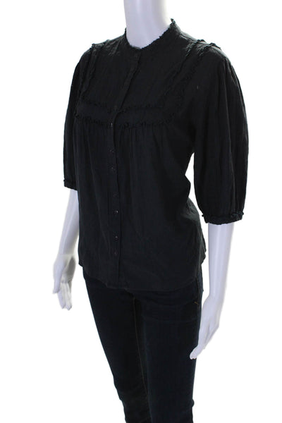 Ba&Sh Womens Button Front Half Sleeve Crew Neck Shirt Navy Blue Cotton Size 6