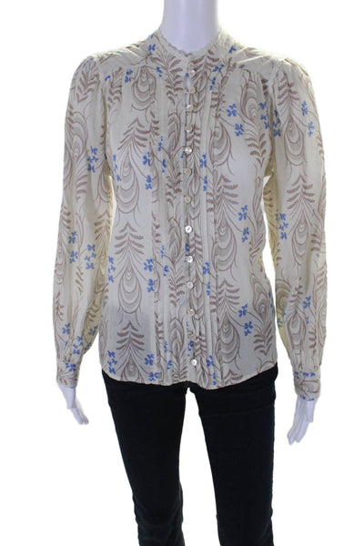 Wrap Womens Button Front Long Sleeve Printed Shirt White Brown Blue Size 8