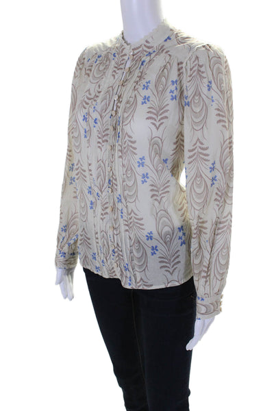 Wrap Womens Button Front Long Sleeve Printed Shirt White Brown Blue Size 8