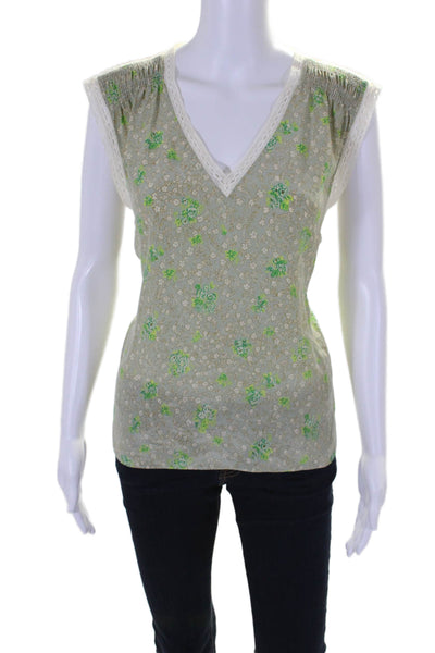 Rebecca Taylor Womens Sleeveless V Neck Floral Silk Top Green White Size 10