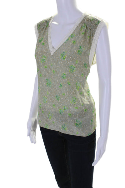 Rebecca Taylor Womens Sleeveless V Neck Floral Silk Top Green White Size 10