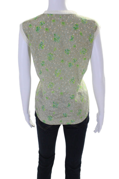 Rebecca Taylor Womens Sleeveless V Neck Floral Silk Top Green White Size 10