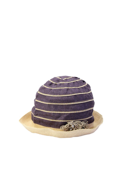 Brunello Cucinelli Womens Woven Linen Beaded Bucket Hat Beige Purple One Size