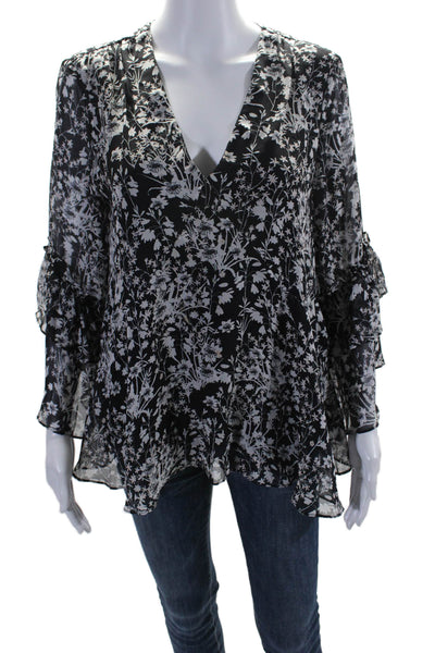 Shoshanna Womens Floral V-Neck Ruffled Flare Long Sleeve Blouse Black Size L